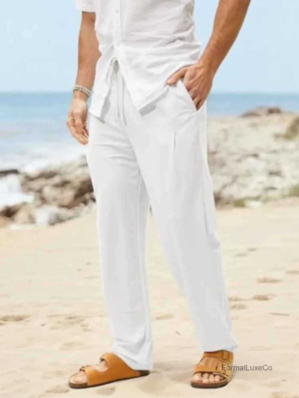 Men's Summer Casual Linen Pants Elastic Drawstring Waistband Straight Leg